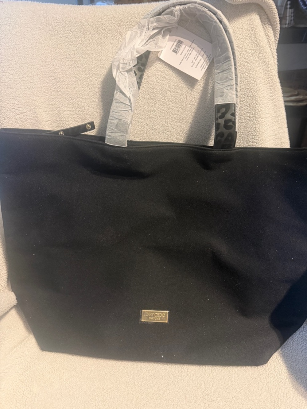 Jimmy Choo Black Canvas Tote with Gold Logo Plaque